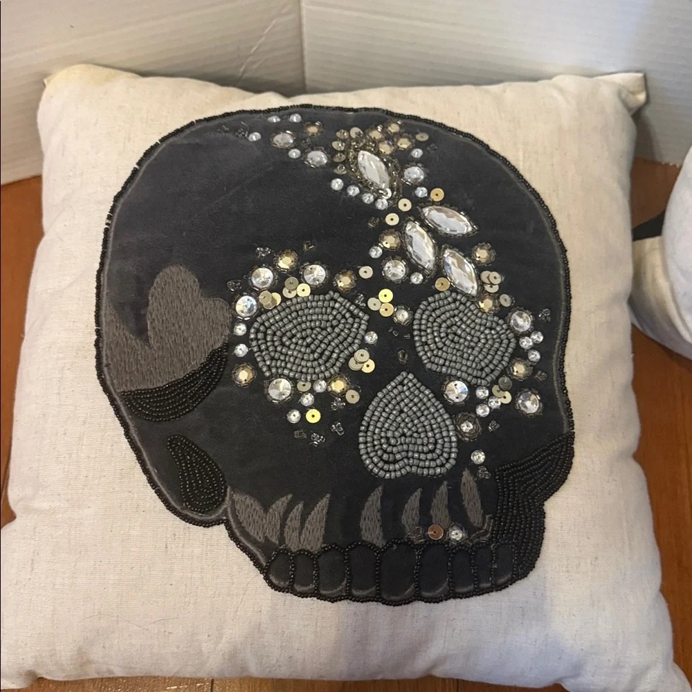 Pair of Pier 1 One Skull Embellished bedazzled goth Throw Pillows 14x14”